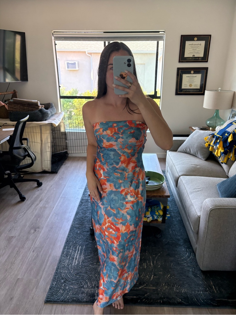 Hello Molly Strapless Satin Floral Maxi Dress in Teal and Orange